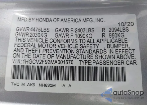 2021 Honda Accord Touring from USA, damaged, VIN 1HGCV2F92MA001670